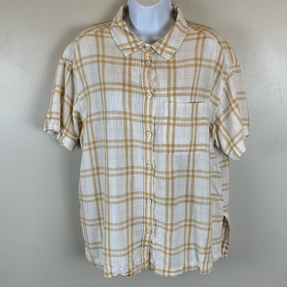 American Eagle Women Top Large‎ Beige Plaid Button Up Linen Blend Pocket Collar